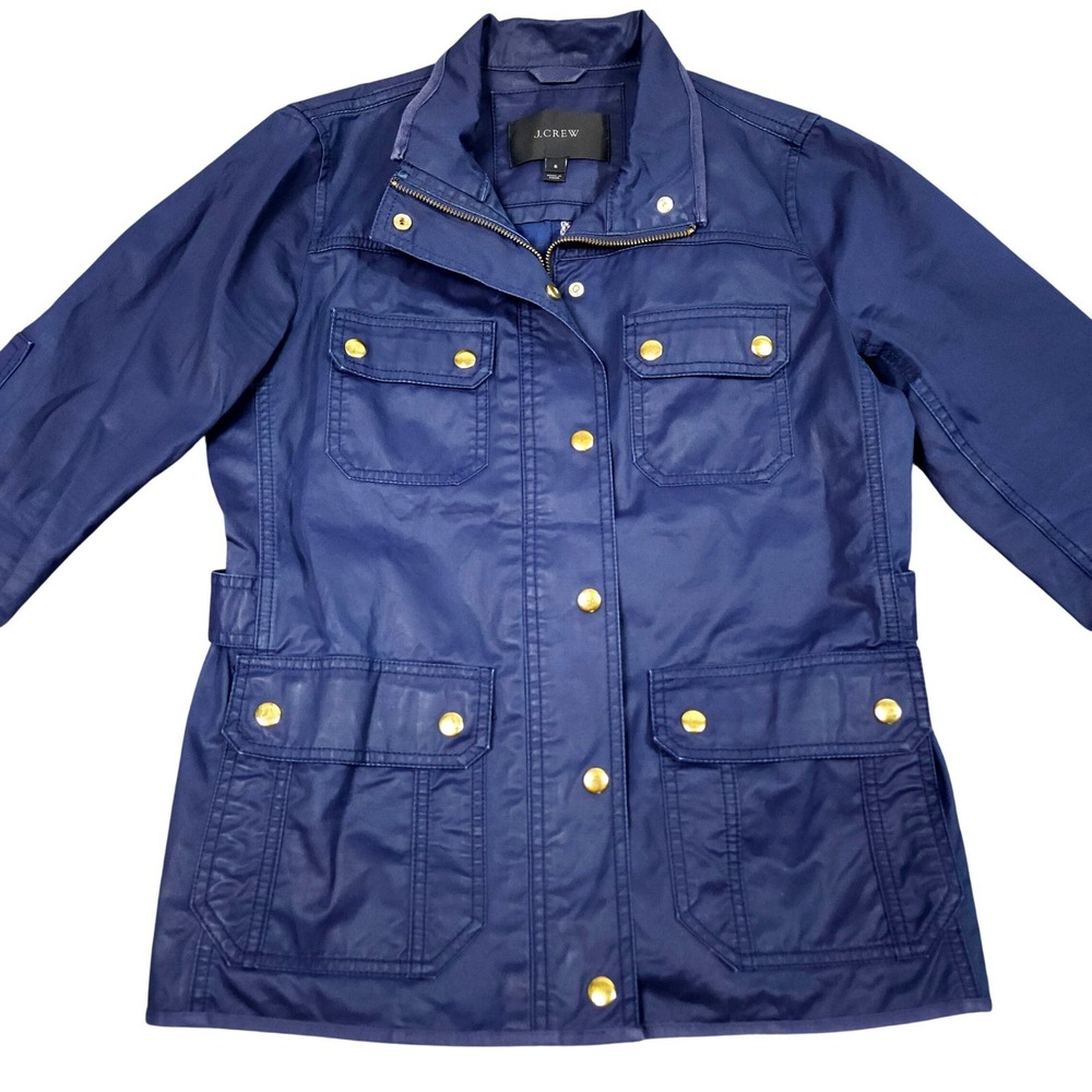 J.Crew Field Jacket Womens Small Navy Blue Waxed Utility Gold Snap Barn Coat